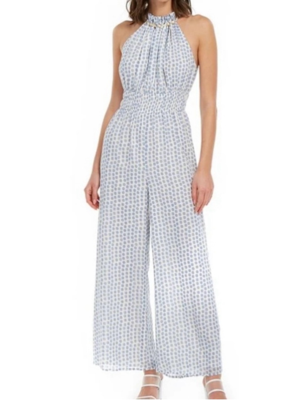 Moon River Halter Wide-Leg Polka Dot Jumpsuit in Light Blue Print